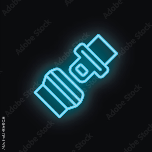 Glowing blue neon icon of a seat belt buckle fastened, on a black background