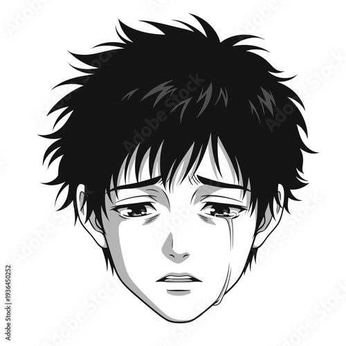 Black and white illustration of a crying mans face expressing sadness and despair.