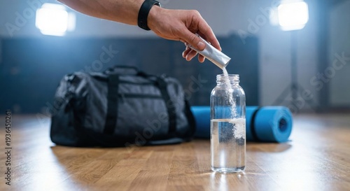 Man pouring electrolyte powder stick pack into water bottle