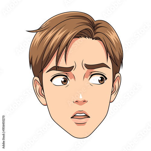 Close up of a young mans face showing concern and worry.