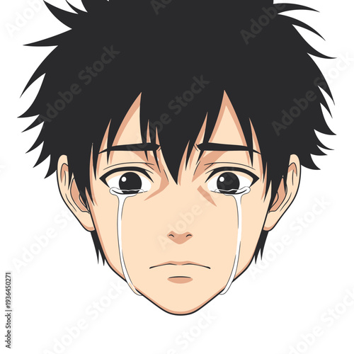 Closeup anime boy face crying with tears streaming down.