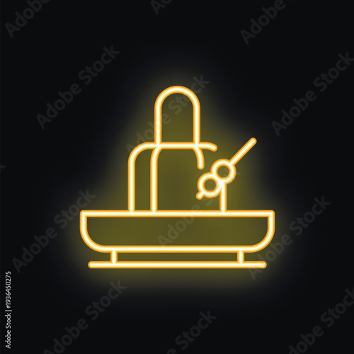 Neon sign illuminating a chocolate fountain with three fruits on a skewer, ready to be dipped