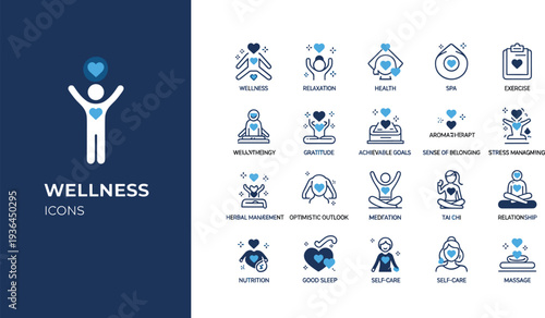 Set of Wellness Icons Featuring Health, Meditation, Exercise, Stress Management, and Self-Care for Wellness and Lifestyle Designs
