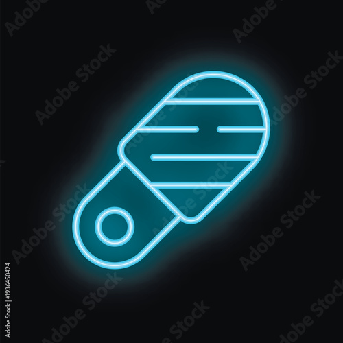 Blue neon icon of a luggage tag glowing on a black background