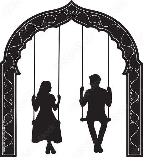 Family and couple under tree silhouette set with children on swing and romantic scenes isolated on white background for love, relationship and nature concept