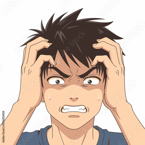 Man in distress hands on head showing frustration and anger.