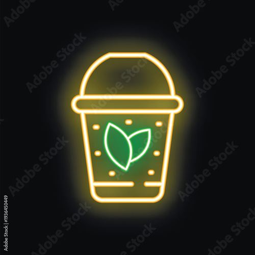 Neon sign of biodegradable disposable coffee cup with green leaves promoting eco friendly lifestyle