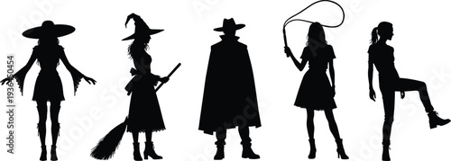 Diverse collection of black character silhouettes including witch with broom mysterious caped figure cowgirl with lasso and fashionable female poses for creative costume design