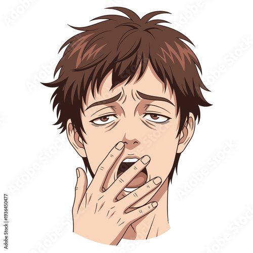 Tired Young Man Yawning with Hand Over Mouth Anime Style.