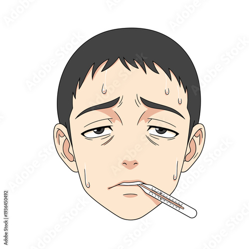 Sick young man with thermometer in mouth sweating profusely.