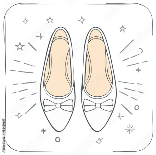 White Flats with Bows Hand Drawn Style Shoes Elegant Footwear Decoration