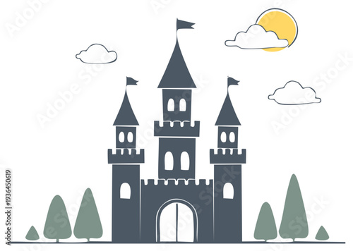 Charming cartoon fairytale castle illustration with multiple towers, flags, battlements, and green trees.