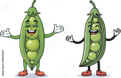 Two happy green pea pod cartoon characters with open arms, one with red shoes and the other with brown, isolated vector illustration for healthy food concepts and children's designs.
