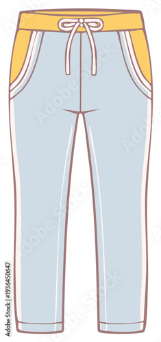 Illustration of pastel blue sweatpants with gold waistband and drawstring
