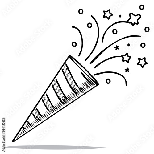 Hand drawn party popper bursting with stars and confetti for celebrations and events