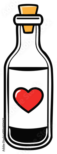 Cartoon illustration of a magical love potion bottle with a red heart symbol