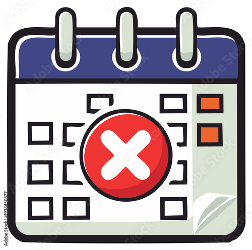 Cartoon style calendar icon with a cross or X mark for cancellations or deadlines