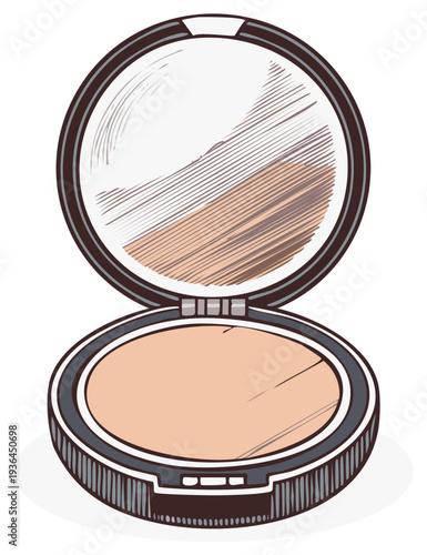 Open compact powder makeup with mirror reflecting skin tone in a hand-drawn sketch style