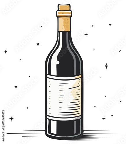 Elegantly Illustrated Dark Wine Bottle with Blank Label for Branding, Marketing and Product Designs