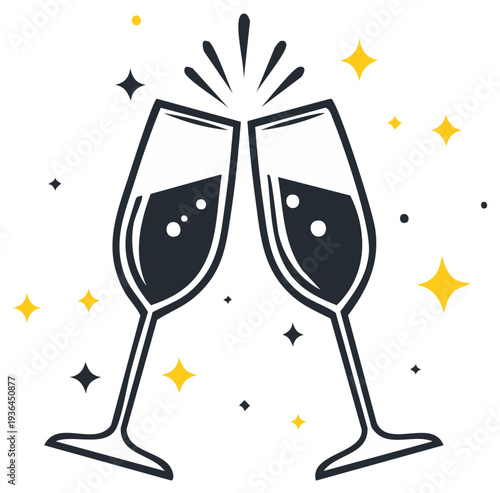 Two champagne flutes clinking for a celebration with sparkling wine and festive stars