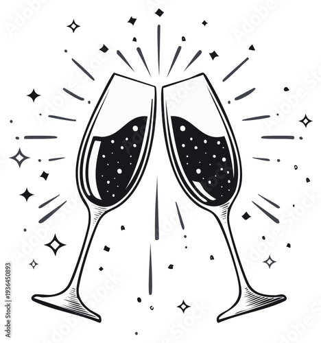 Two champagne flutes clinking together with celebratory sparkles and bubbles