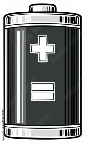 Battery Cell Power Source in Black and Silver Illustration Full of Electrical Energy and Charge for Energy and Future