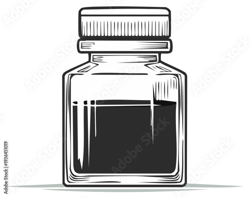 Vintage glass ink bottle or apothecary vial with dark liquid in a monochrome engraving style