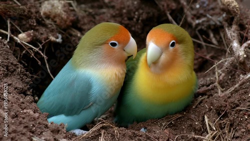 In a serene moment, pastel lovebirds nestle together, gently touching beaks. Their vibrant colors shine as they enjoy their safe haven, surrounded by earth and tender light