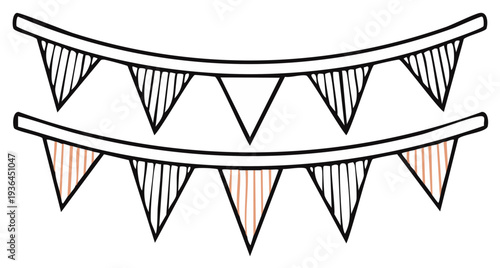 Black and white hand drawn bunting with light beige and brown striped pennants.