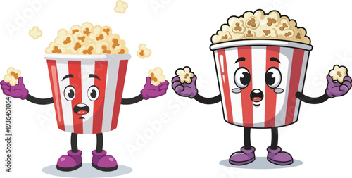 Two cheerful cartoon popcorn buckets with red and white stripes, holding and tossing popcorn, perfect for cinema, snack, or entertainment-themed designs.