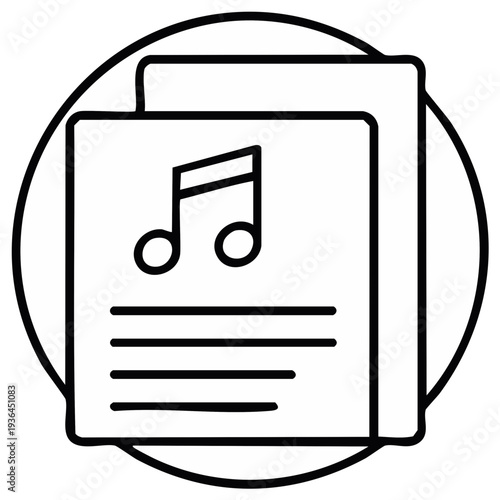 Black line art icon of a music document with a musical note and lyrics for songwriting concept