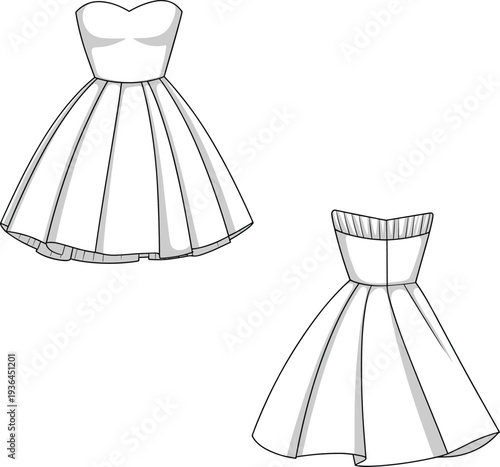 Strapless sweetheart neckline dress fashion illustration, fitted bodice flared skirt pleated layered hem ruched detail garment construction design sketch