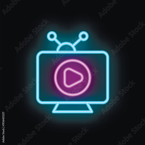 Neon television showing play button icon on black background symbolizing online streaming services
