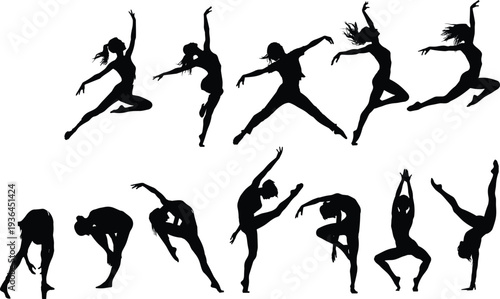 Large collection of graceful female contemporary dancer silhouettes in various expressive poses and jumping motions for ballet fitness gymnastics and modern dance studio marketing