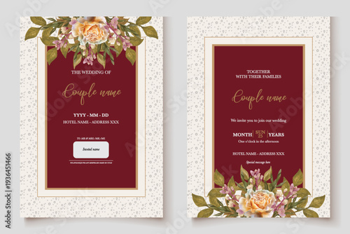 WEDDING INVITATION FRAME WITH FLOWER DECORATIONS AND FRESH LEAVES