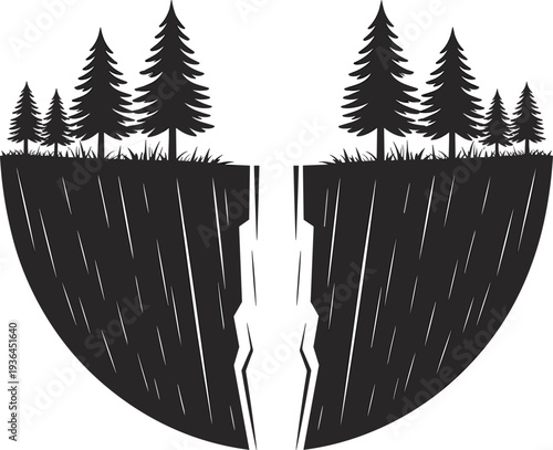 Stylized geological fault drawing, black and white earth split illustration, forest landscape clipart design for education, science, and coloring pages