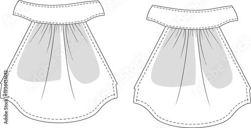 Technical fashion illustration of skirt back view, yoke with gathered fabric design, garment construction sketch, couture apparel drawing, sewing pattern detail