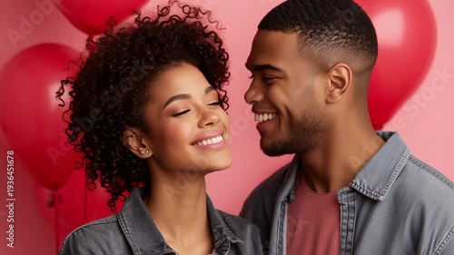 In a colorful atmosphere, a happy young couple embraces as they celebrate a birthday filled with love and laughter. Bright balloons surround them, highlighting their joy and connection