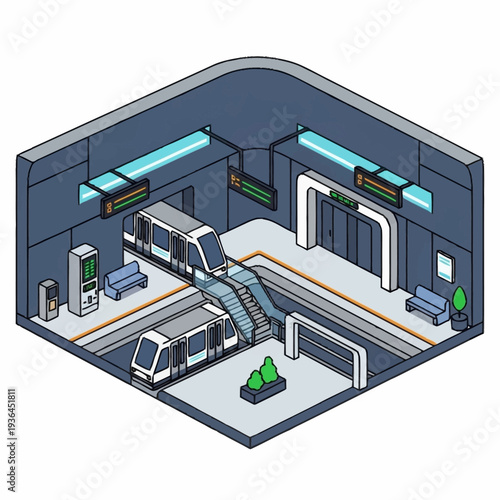 Isometric Illustration of Subway Station Platform.