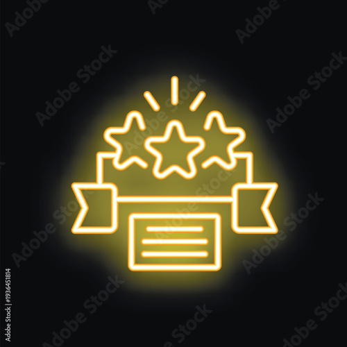 Neon glowing yellow icon of a diploma receiving three stars, indicating the best quality work