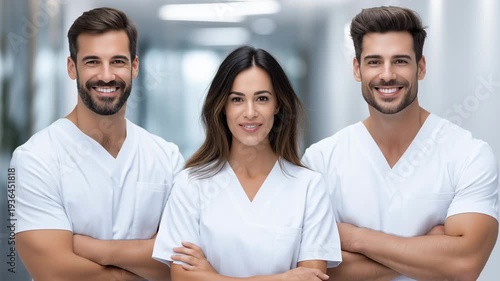 In a modern European dental clinic, three dedicated dentists come together, showcasing their bright smiles and commitment to excellence in dental care
