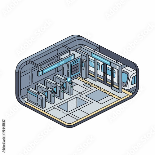 Isometric Illustration of Subway Station Platform.