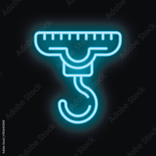 Blue glowing neon icon of a spring scale hanging on a black background