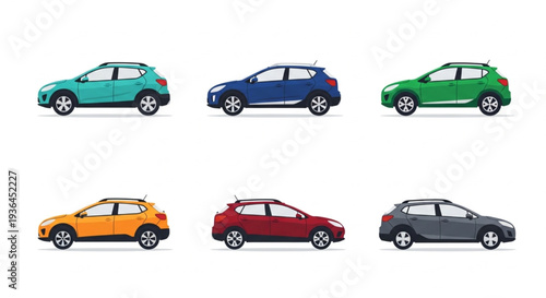 Six Cars Different Colors Side View.