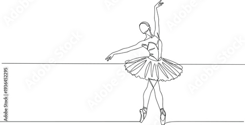 Graceful ballerina dancing in pointe shoes, elegant tutu line art, ballet pose illustration, classical dance sketch, minimal style, performance, femininity, beauty, motion, art