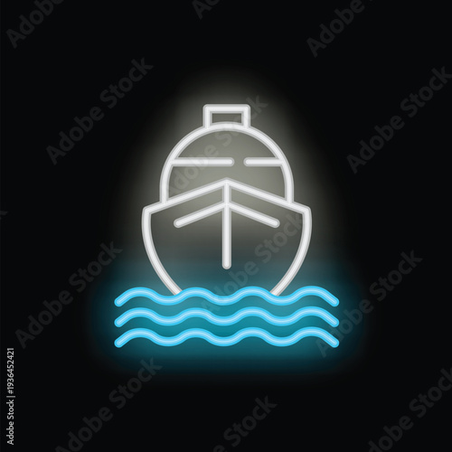 Glowing neon icon of a ship sailing on stylized water waves on a black background