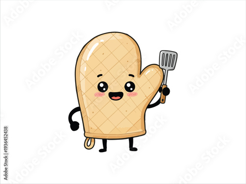 Cute cartoon oven mitt character holding spatula isolated image design