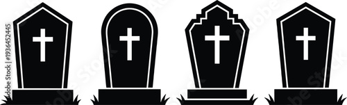 Set of black graveyard tombstone silhouettes with white crosses and grass for Halloween cemetery decorations spooky funeral service icons and religious memorial graphic design