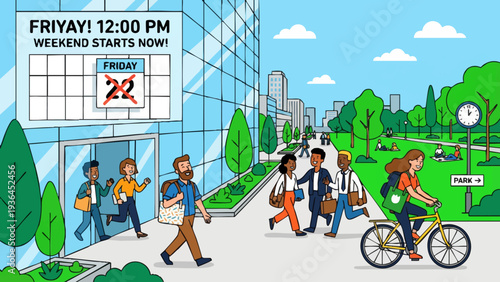 Digital Age Human Experience - Diverse Workers Leaving Office Early for 4 Day Work Week Flat Vector Illustration