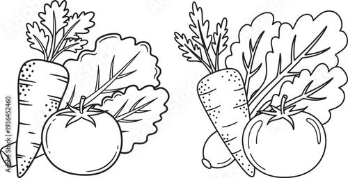 Fresh Organic Vegetables Line Art - Healthy Food Ingredients like Carrot, Tomato, and Leafy Greens